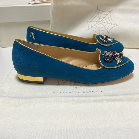 Charlotte Olympia Teal Suede Scorpio Smoking Loafers Size 35 - Picture 3 of 9